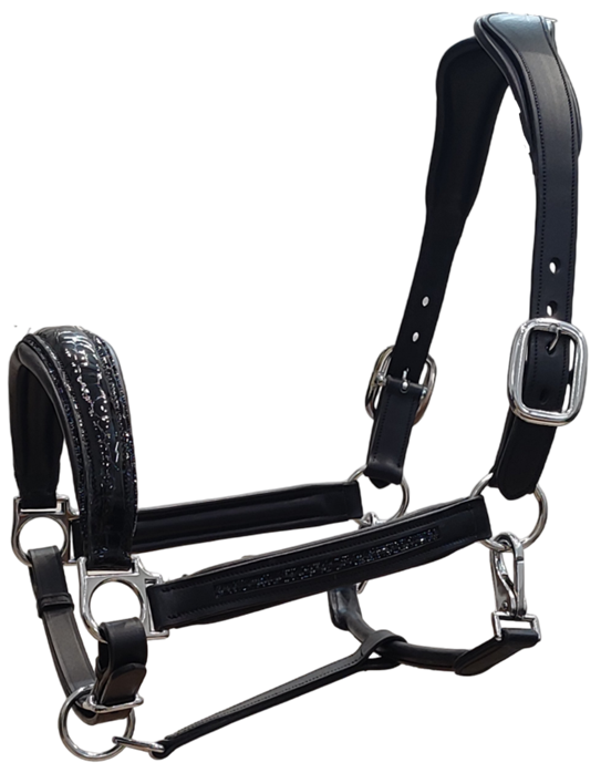 Patent Leather Halter with Crystal and Croc-Effect Accents