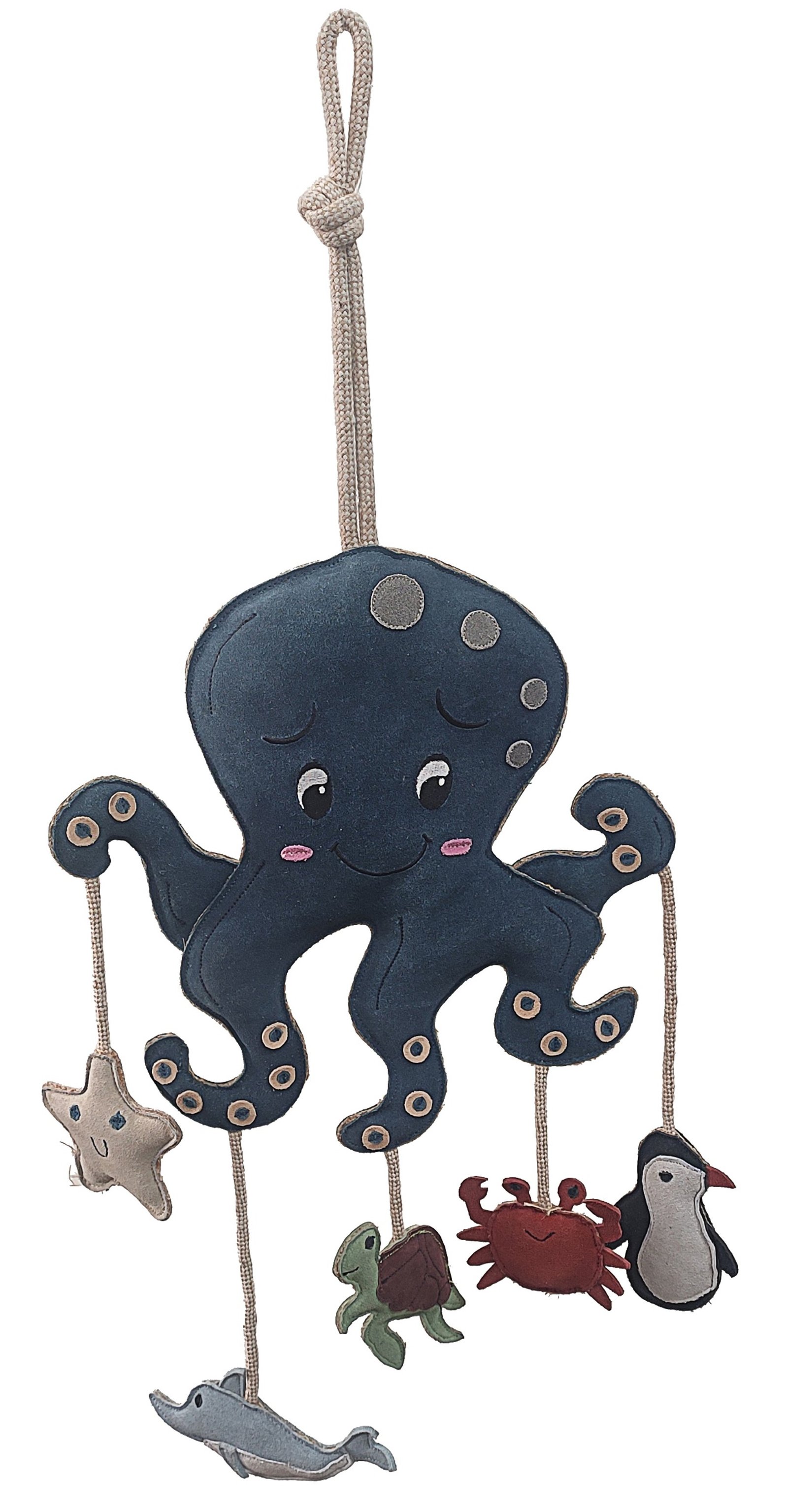 Handcrafted Suede Leather & Jute Octopus with Sea Friends Horse Toy Mobile