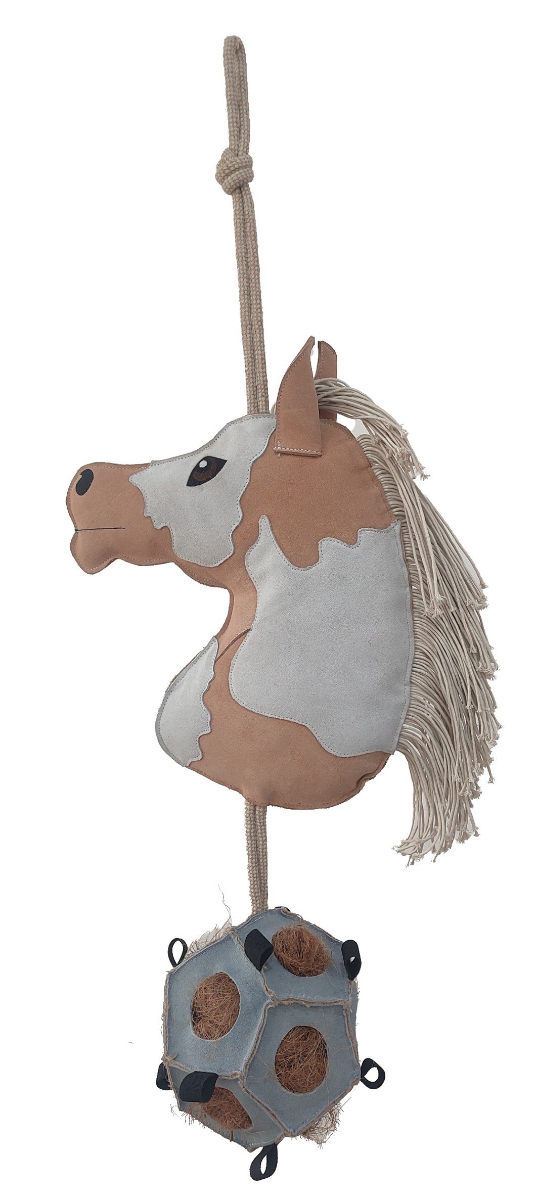 Handcrafted Suede Leather & Jute Horse Head with Treat Ball Stall Toy