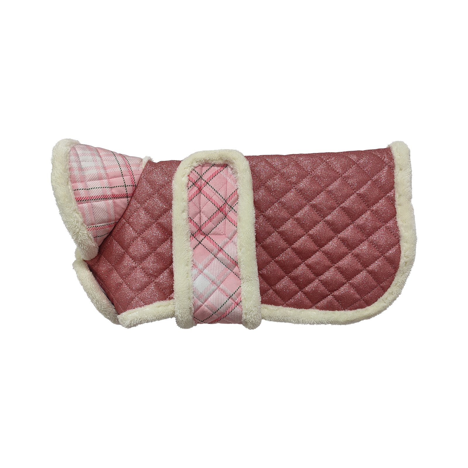 Shimmering Rose Gold & Plaid Quilted Dog Coat