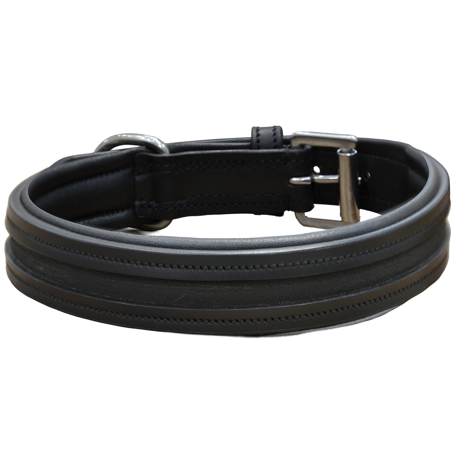 Ultra-Padded Black Leather Dog Collar with Reinforced Stitching
