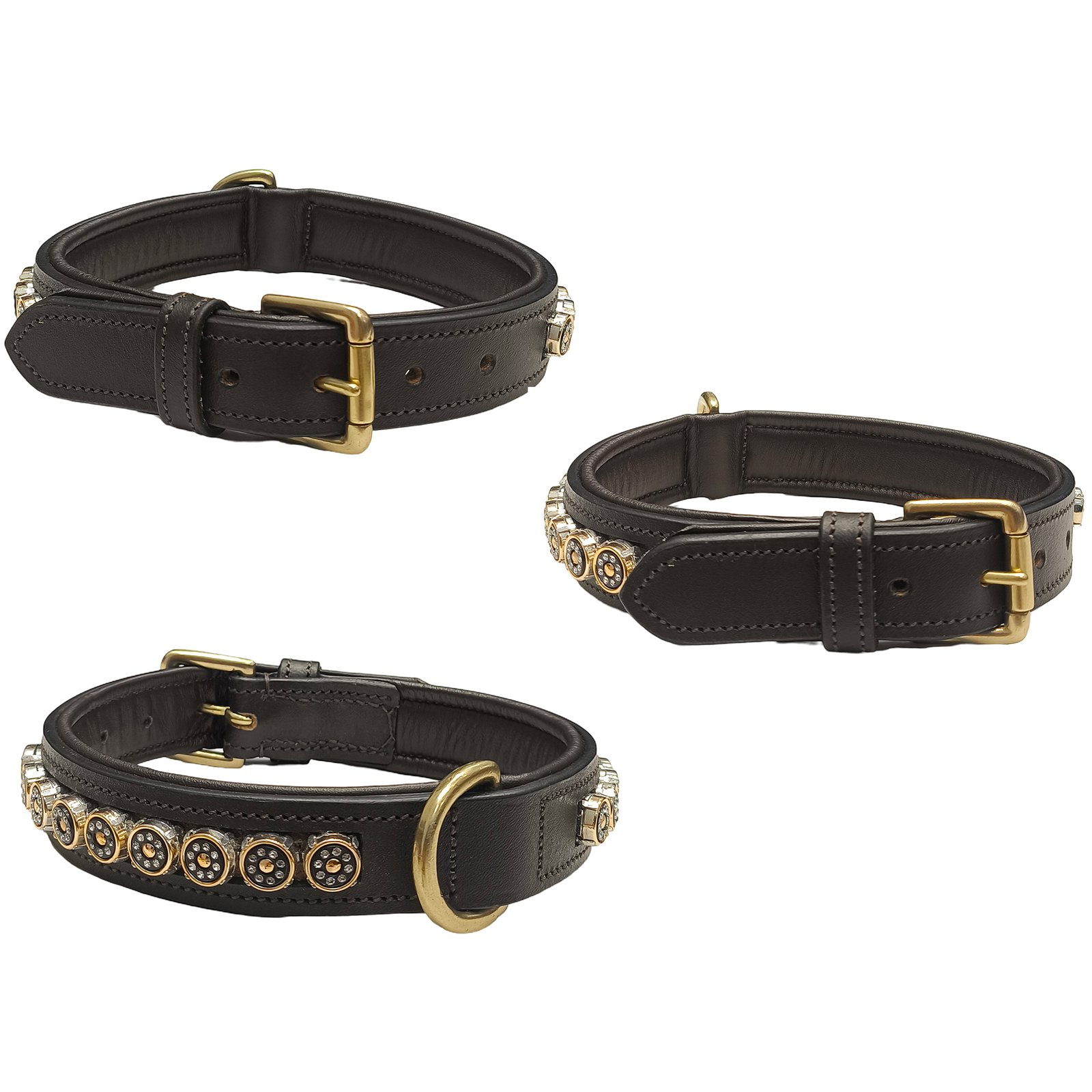 Black Leather Dog Collar with Gold-Tone Bullet Shell & Rhinestone Embellishments