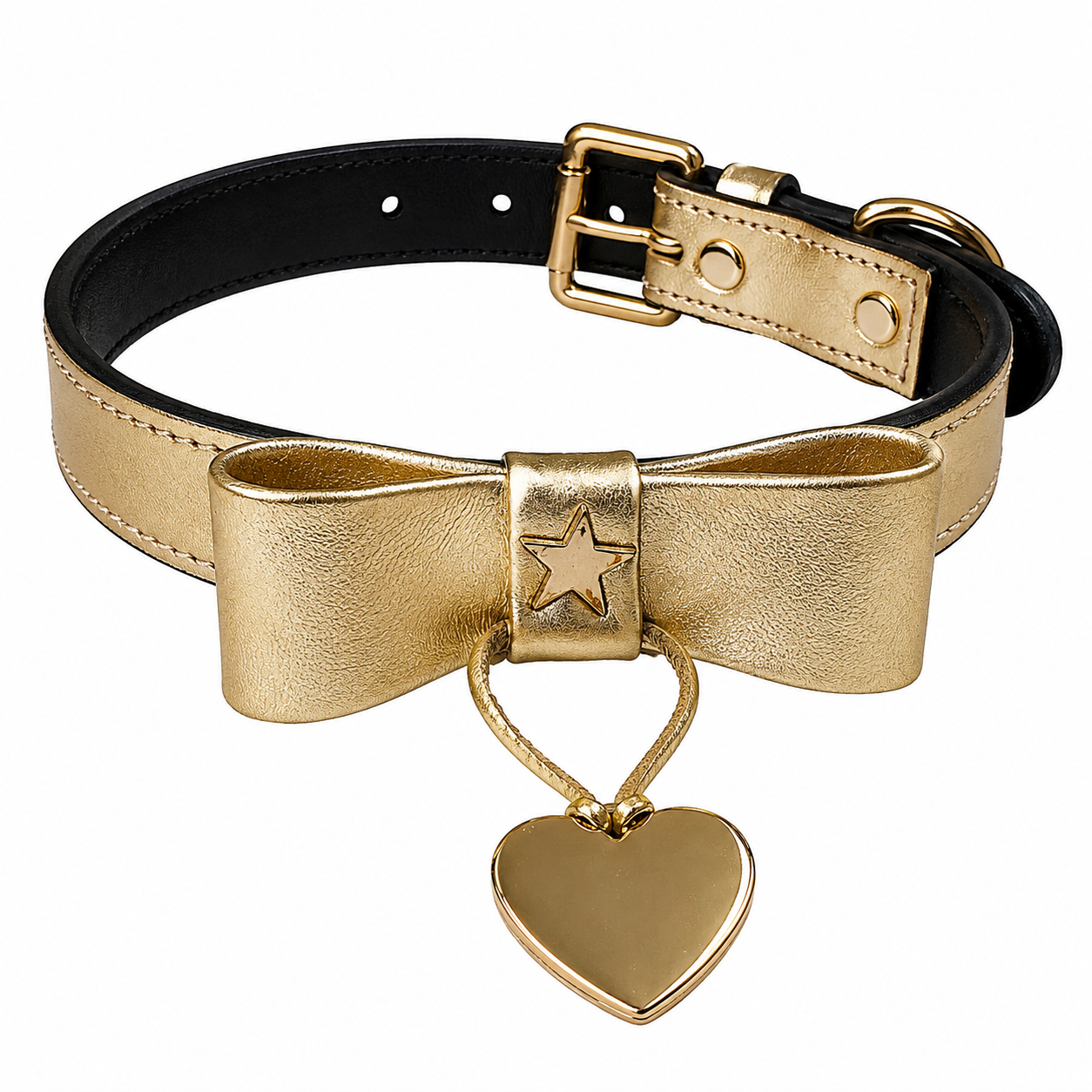 Royal Metallic Gold Bow & Heart Charm Leather Dog Collar