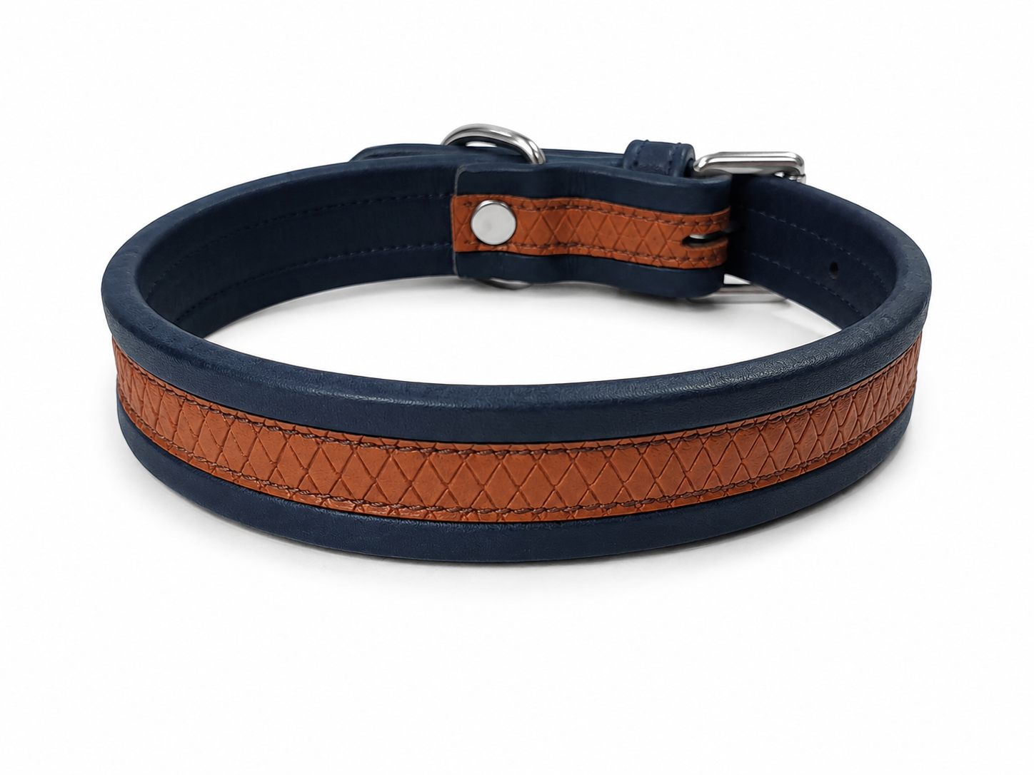 Two-Tone Navy & Textured Tan Padded Leather Dog Collar