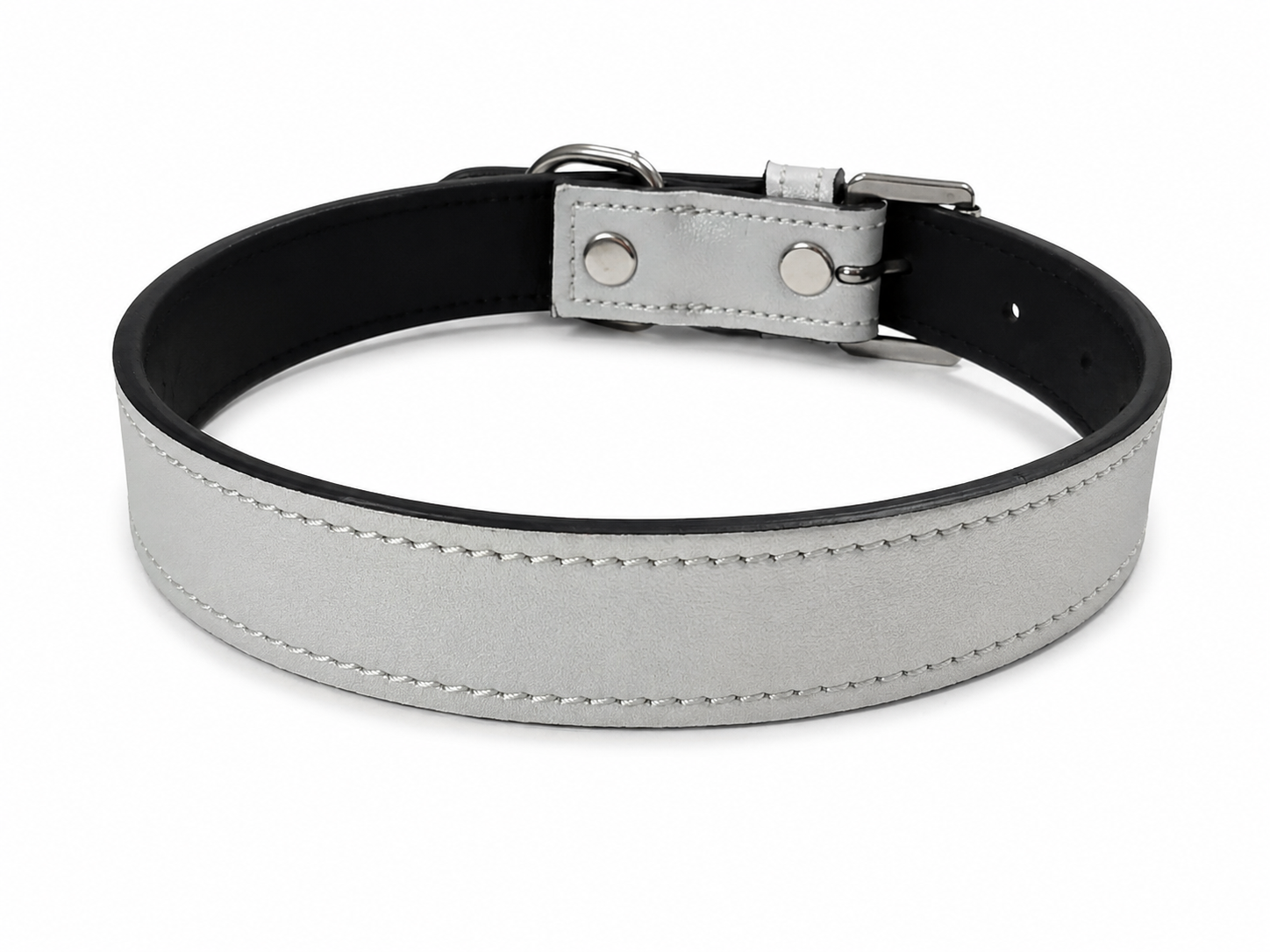 Sleek Metallic Silver Padded Leather Dog Collar