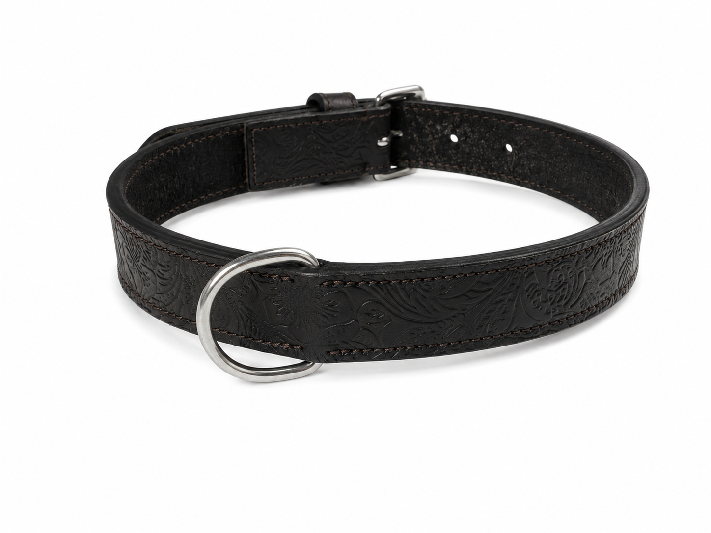 Vintage Floral-Embossed Padded Black Leather Dog Collar
