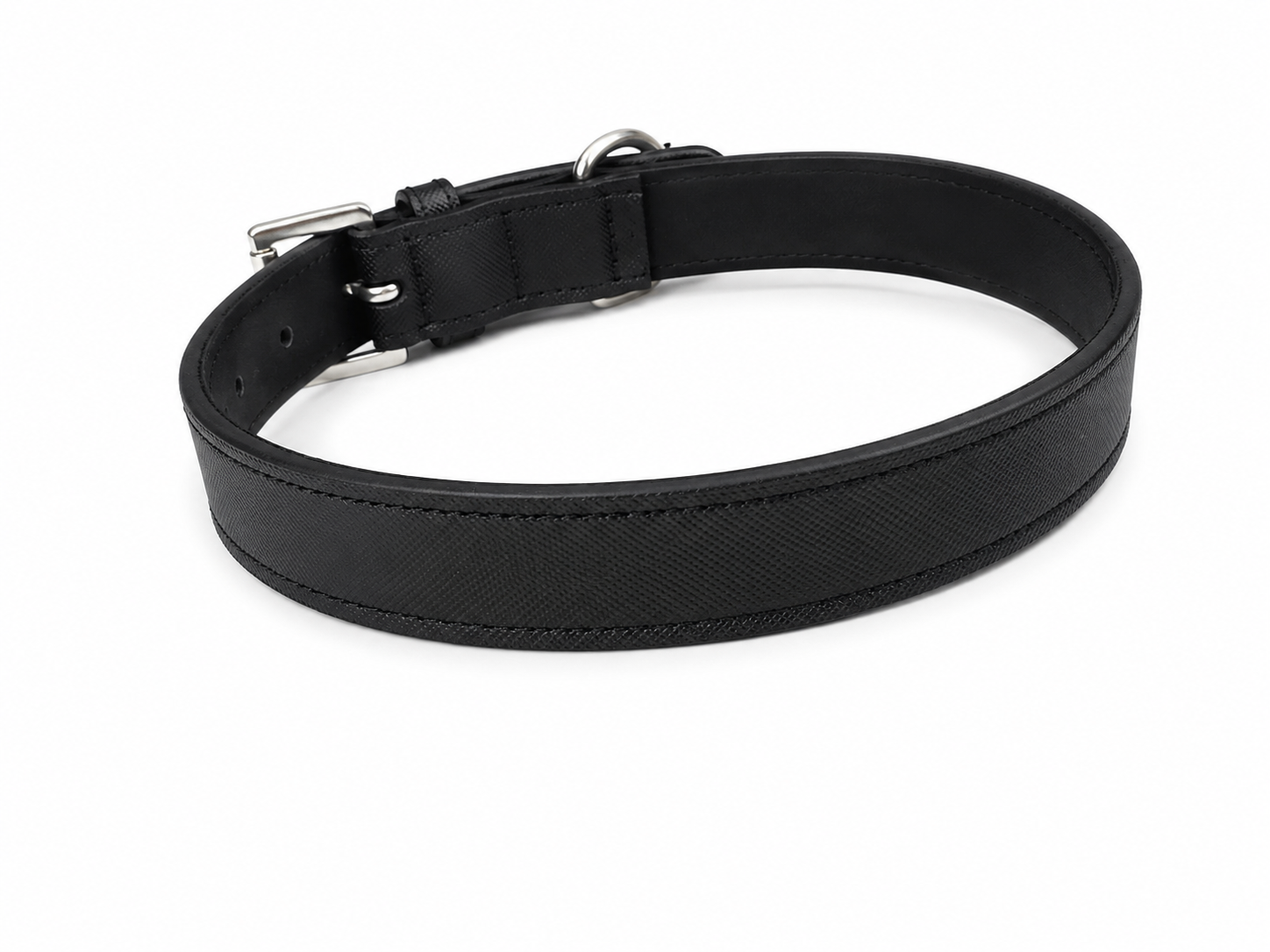 Luxury Cross-Hatch Textured Padded Black Leather Dog Collar