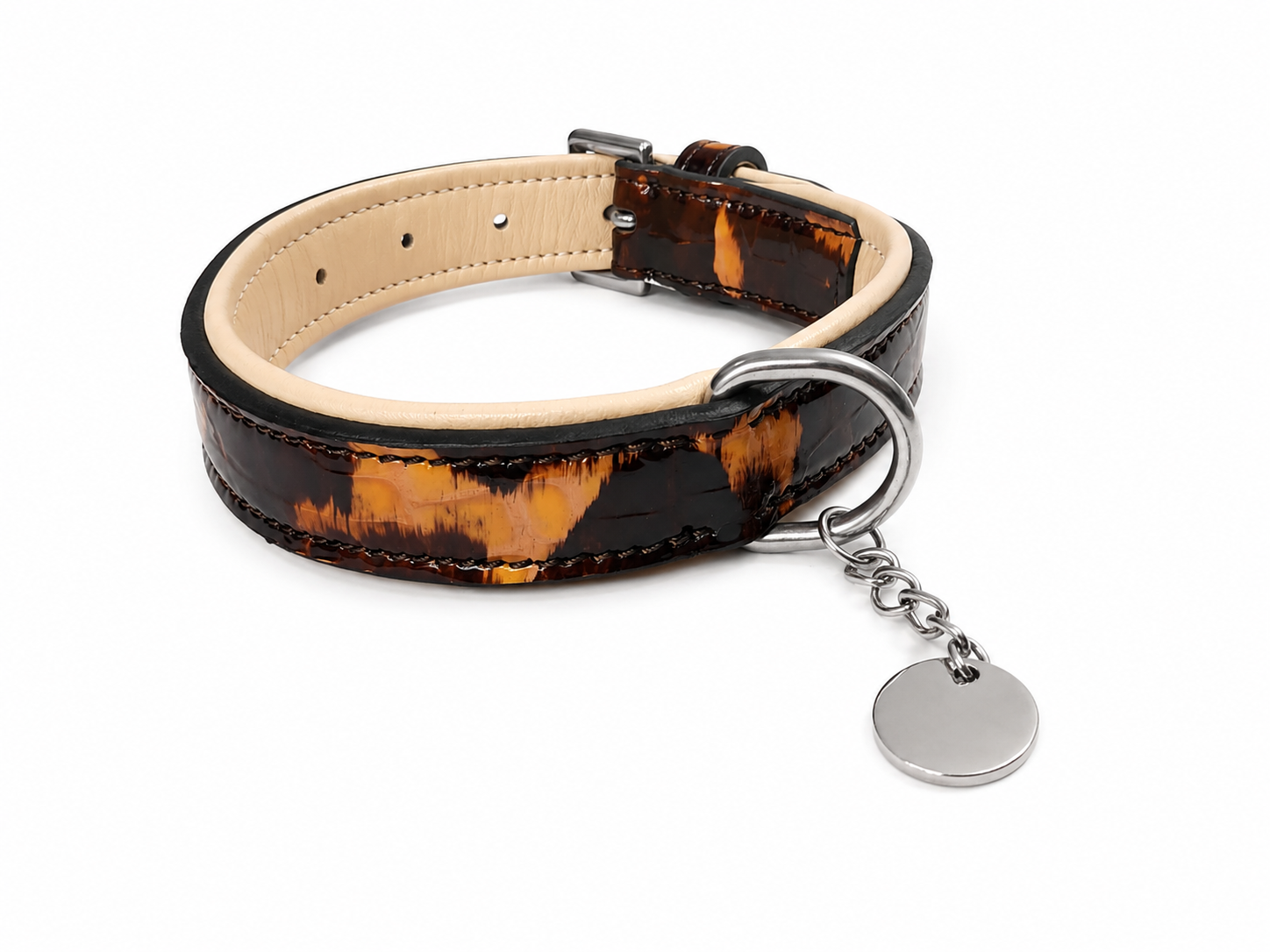 Luxury Tortoiseshell Patent Leather Padded Dog Collar with ID Tag