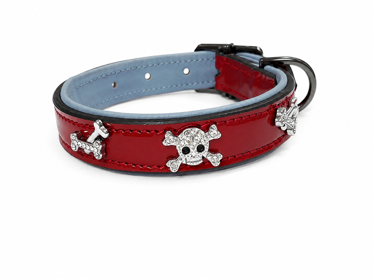 Edgy Rhinestone Skull & Bones Padded Patent Leather Dog Collar