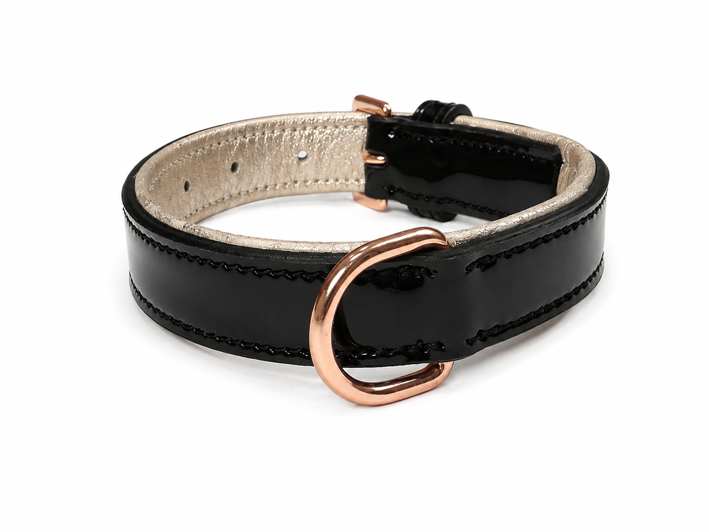 Luxury High-Gloss Black Patent & Rose Gold Padded Leather Dog Collar