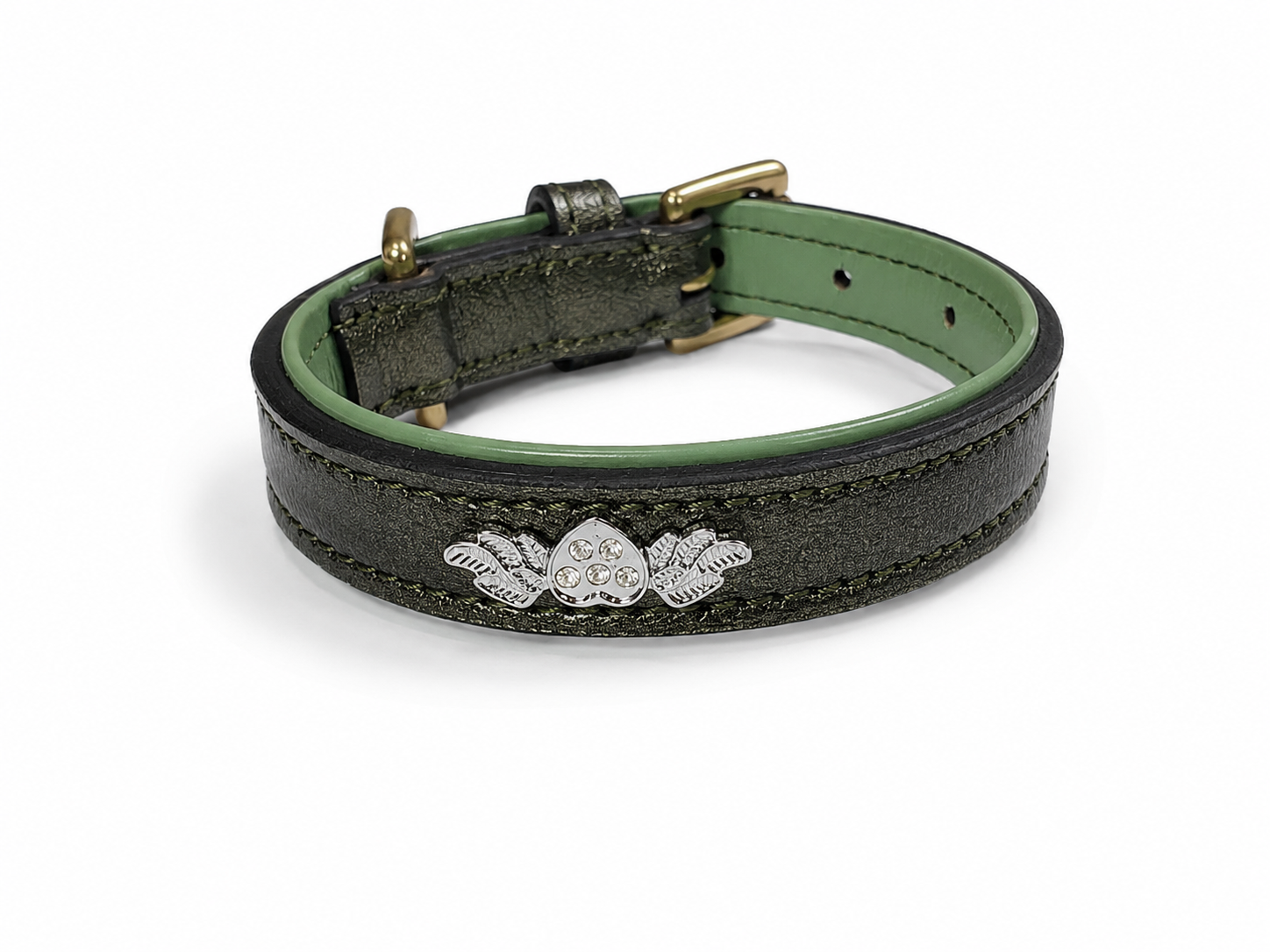 Artisan Sage & Metallic Olive Padded Leather Dog Collar with Winged Heart Emblem