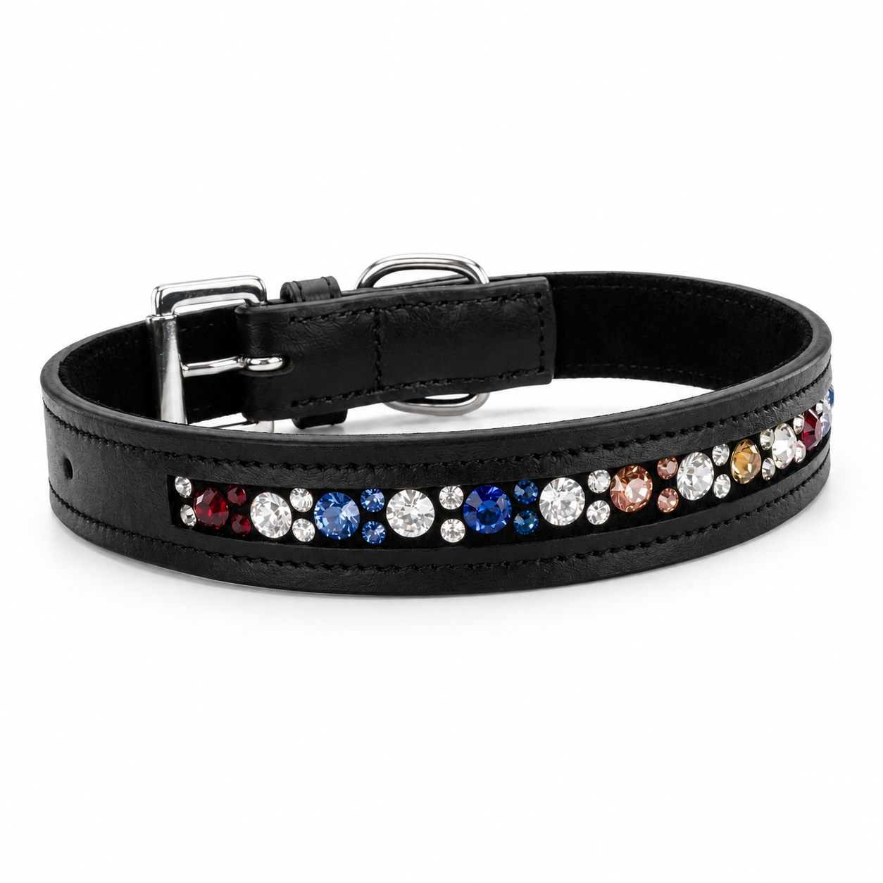 Luxury Black Leather Multi-Color Rhinestone Dog Collar