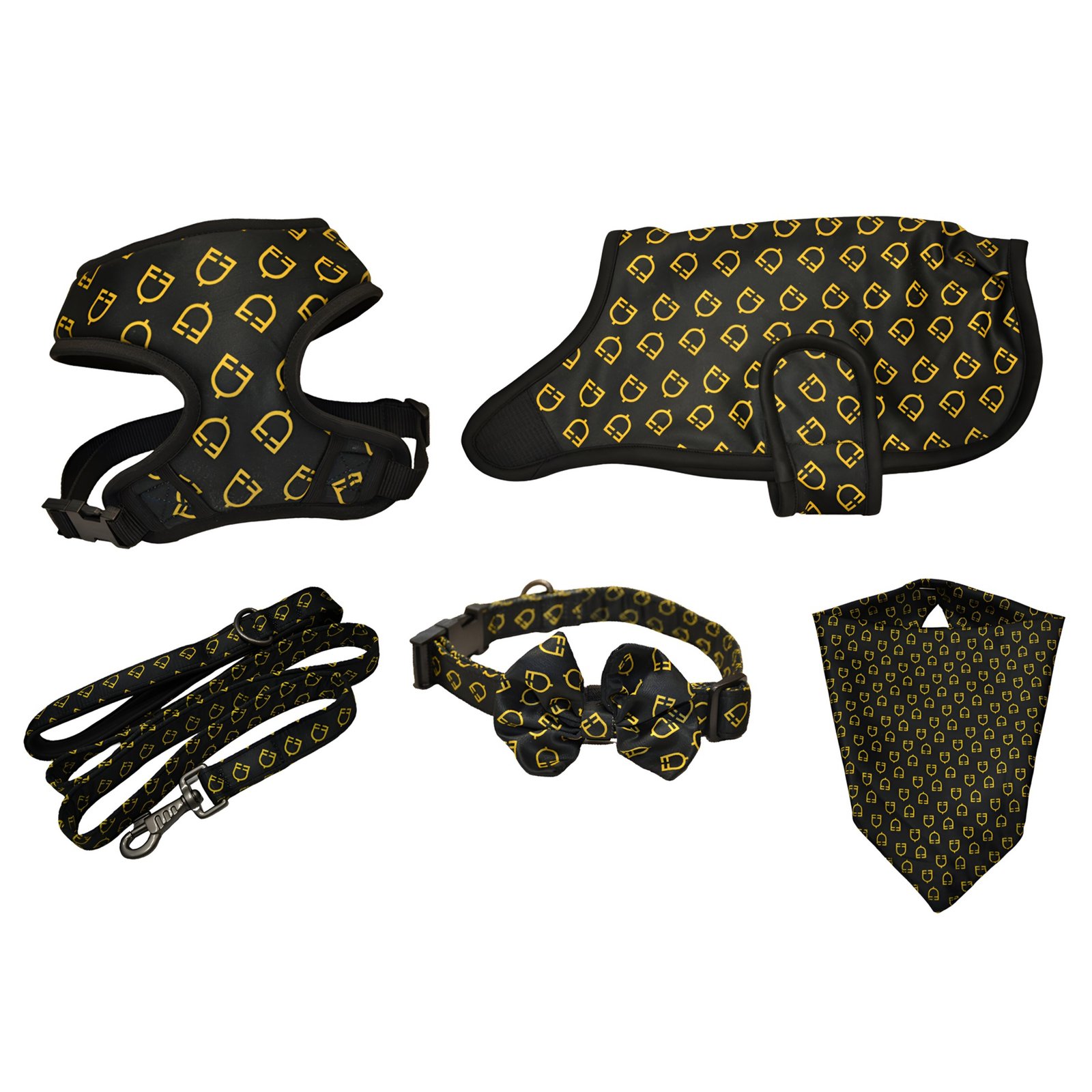 Black and Gold Emblem Dog Harness & Accessories Gift Set (5-Piece)