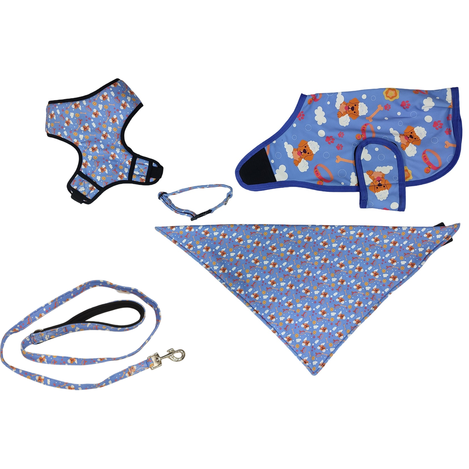 Playful Cartoon Puppy Pattern Dog Harness & Accessories Gift Set (5-Piece)