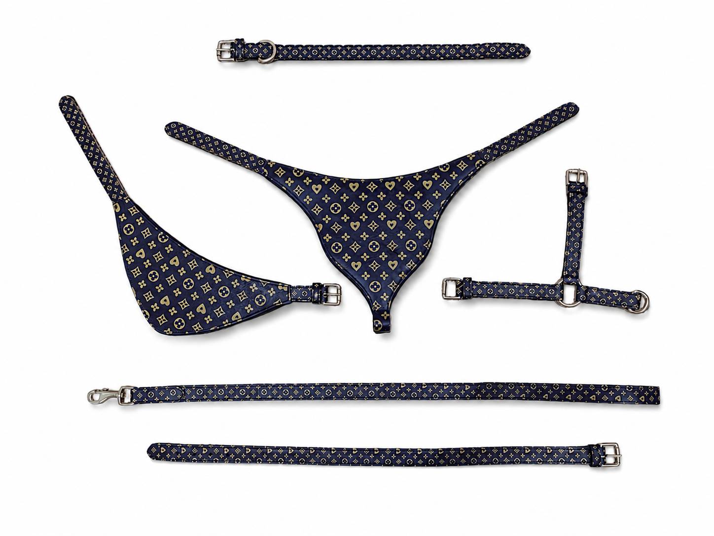 Luxury Monogram Print Leather Dog Harness & Accessories Gift Set (4-Piece)