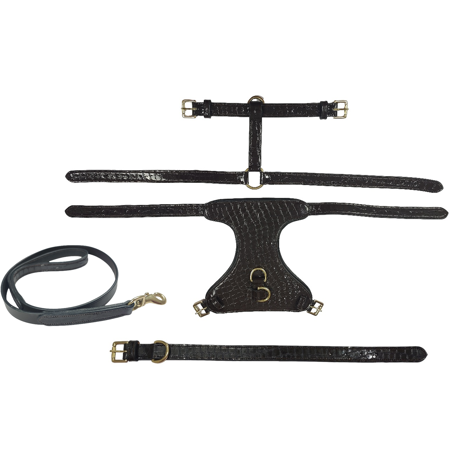 Alligator Embossed Black Leather Dog Harness & Accessories Gift Set (3-Piece)