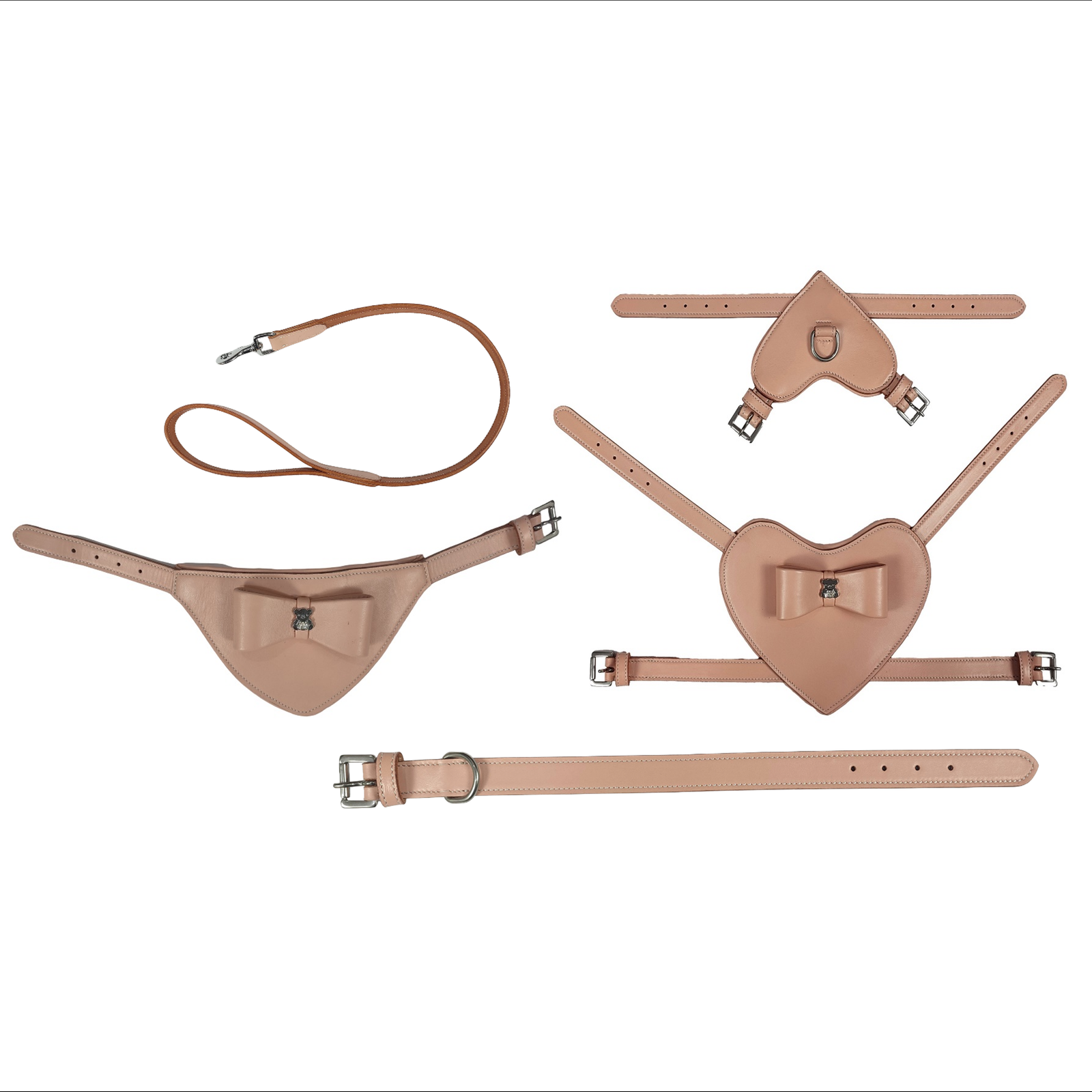 Heart & Bow Accent Pastel Pink Leather Dog Harness & Accessories Gift Set (4-Piece)