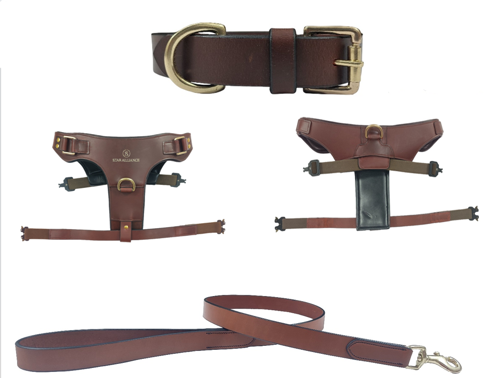 Brown Leather Dog Harness & Accessories Gift Set (3-Piece)