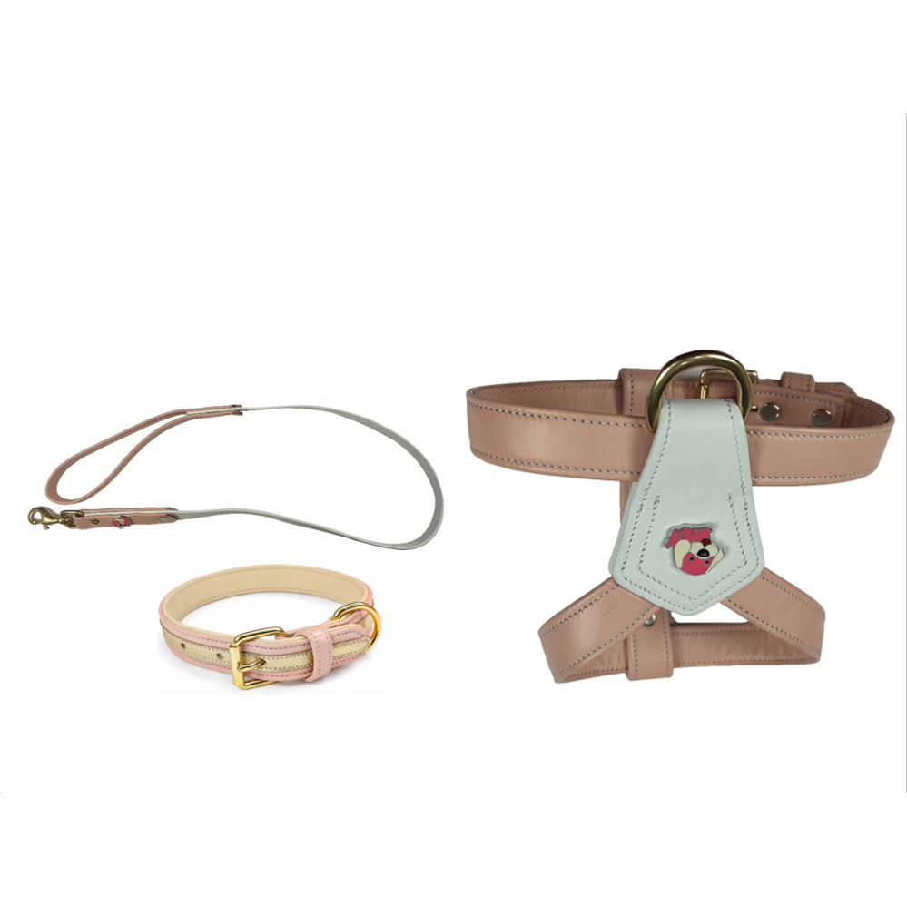 Chic Pastel Pink & White Puppy Emblem Leather Dog Harness & Accessories Gift Set (3-Piece)
