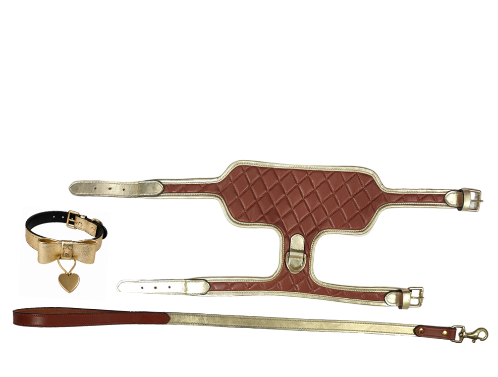 Luxury Quilted Brown and Gold Leather Dog Harness & Accessories Gift Set (3-Piece)