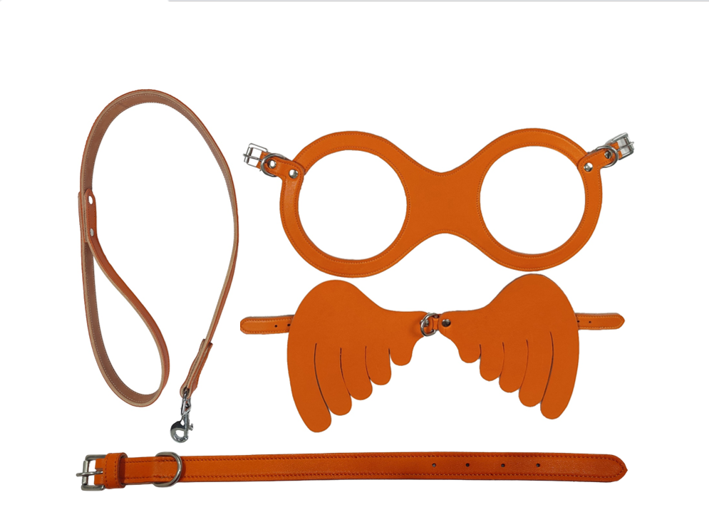 Whimsical Angel Wings Vibrant Orange Leather Dog Harness & Accessories Gift Set (3-Piece)