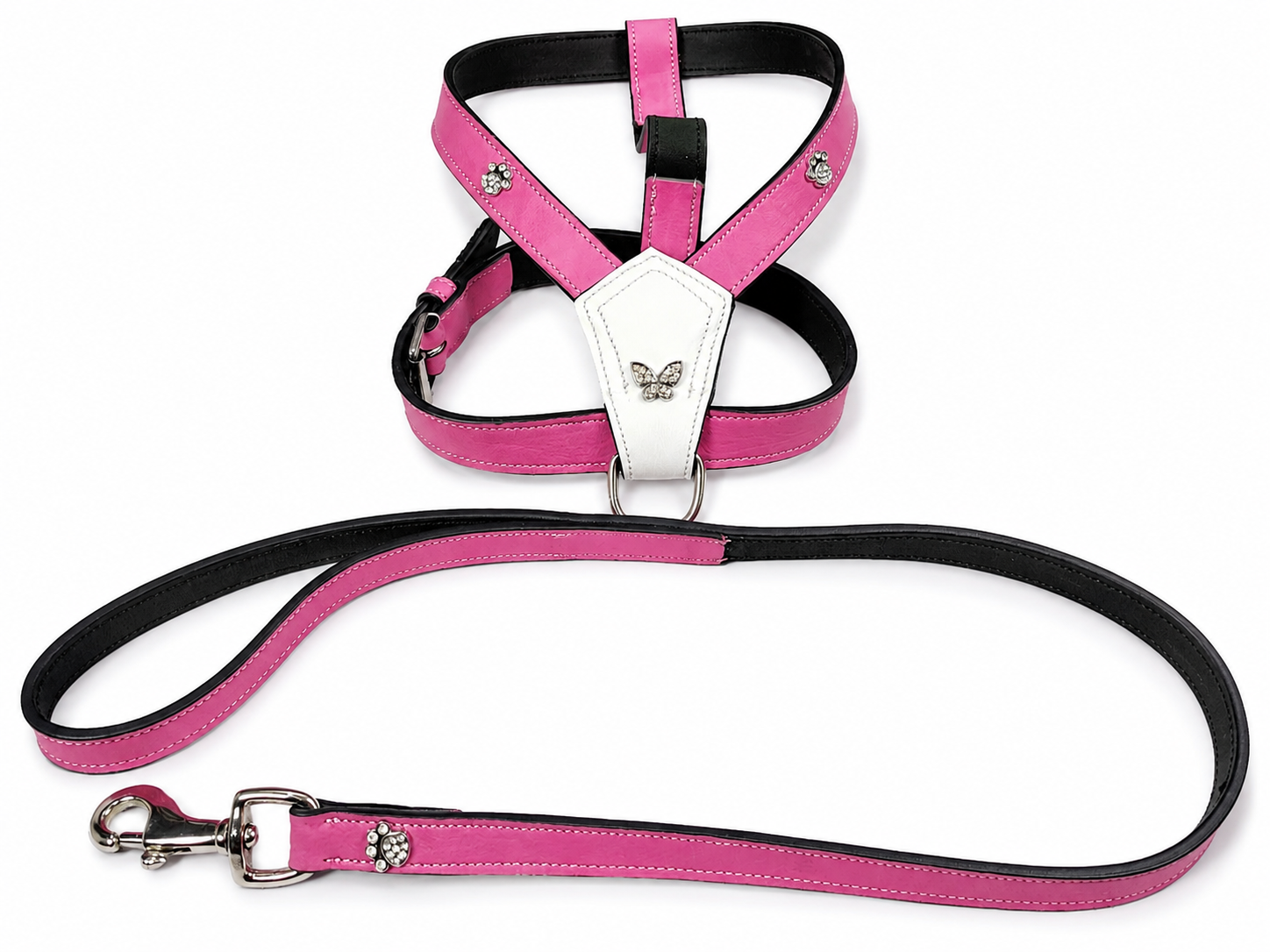 Luxury Rhinestone Leather Dog Harness & Matching Leash Set
