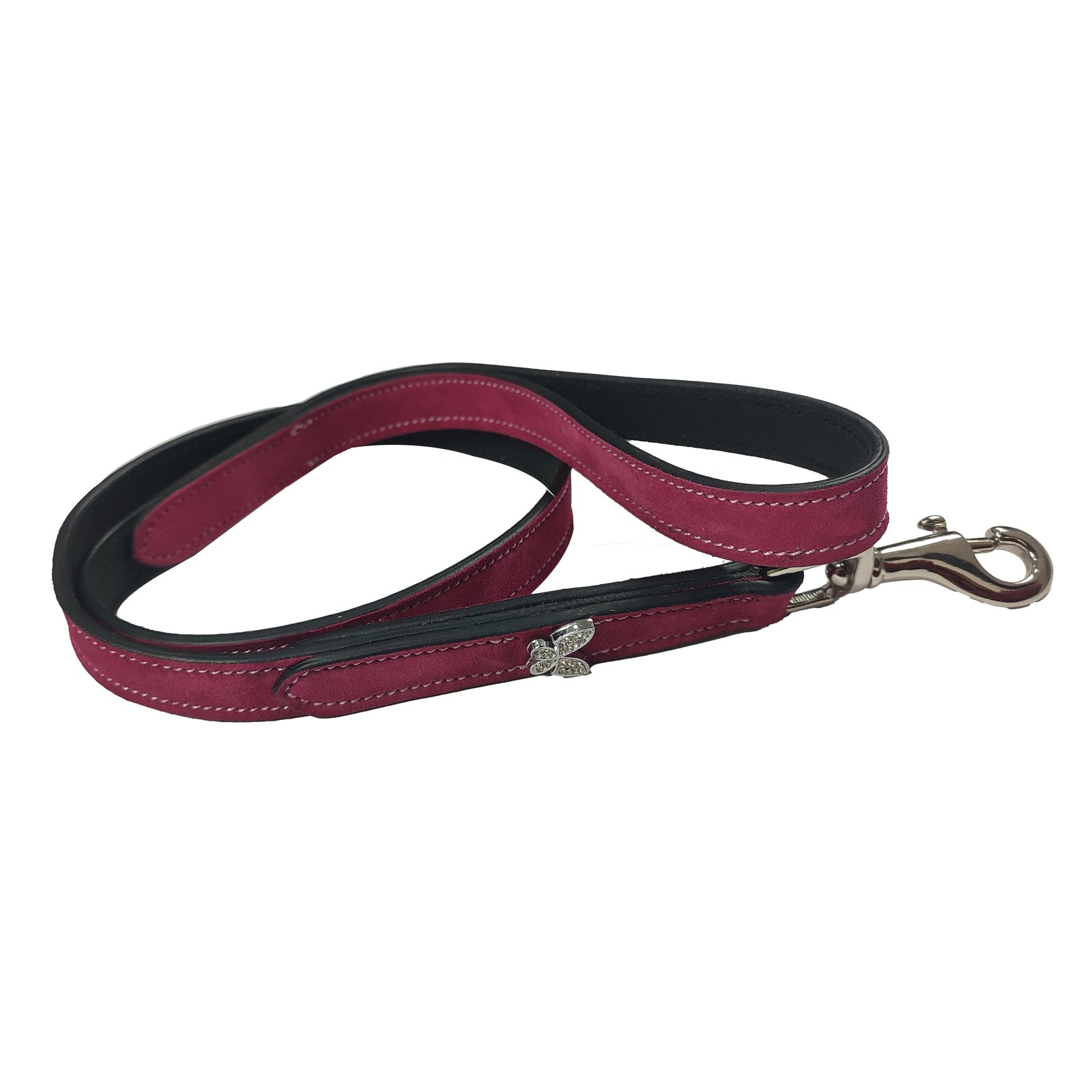 Luxury Burgundy Suede & Padded Leather Dog Leash with Rhinestone Butterfly Accent