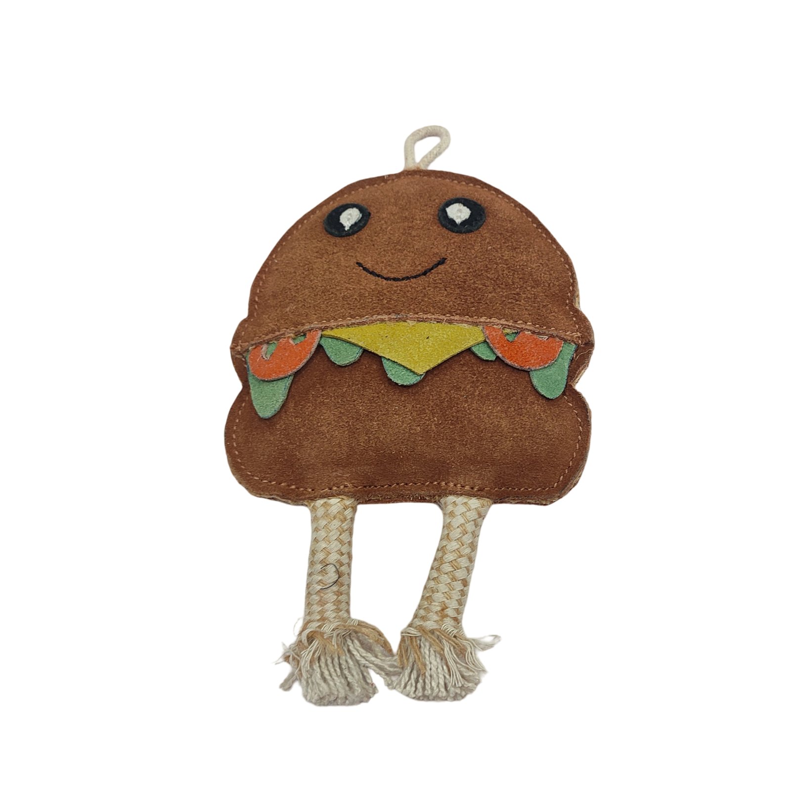 Product Title: Suede Fast Food Burger Dog Toy with Rope Legs