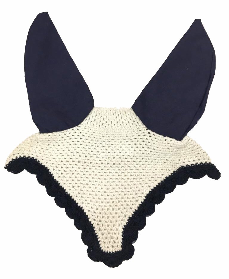 Cream Crocheted Fly Veil with Navy Blue Trim and Ear Covers