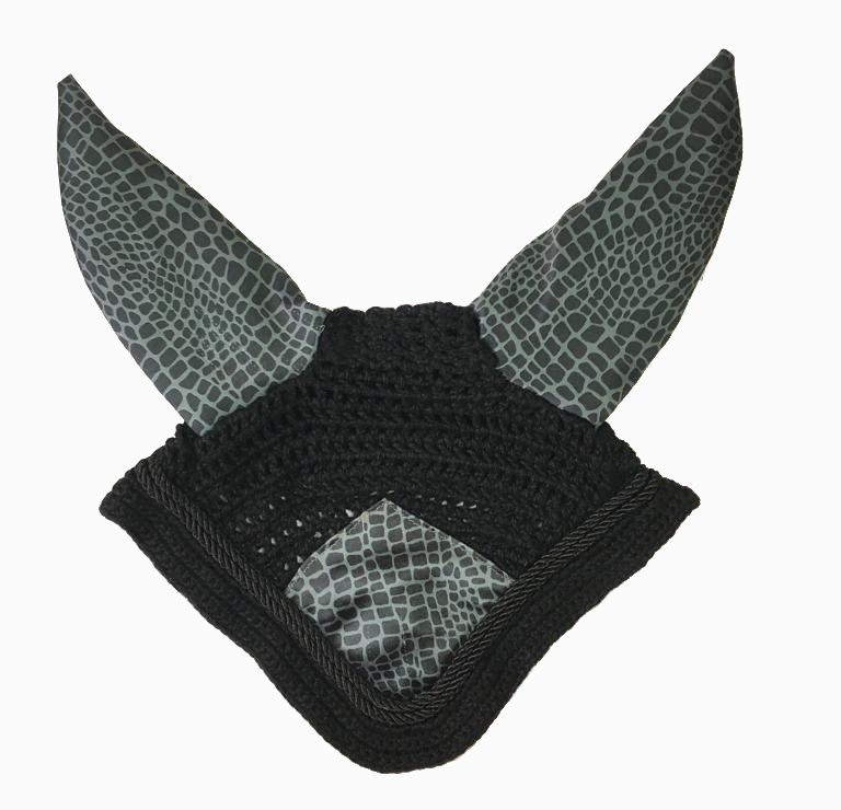Black Crochet Fly Veil with Silver Reptile Print Panels and Ears