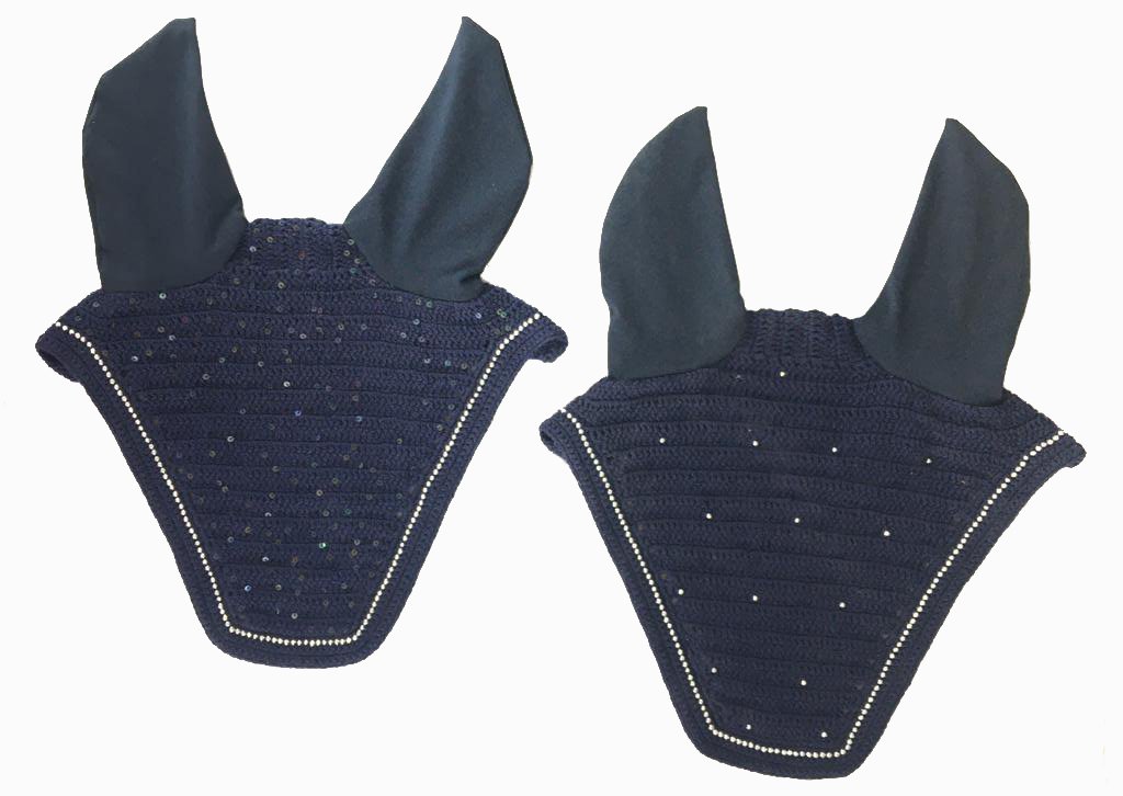 Navy Blue Sparkle Crocheted Fly Veil with Crystal Rhinestone Trim