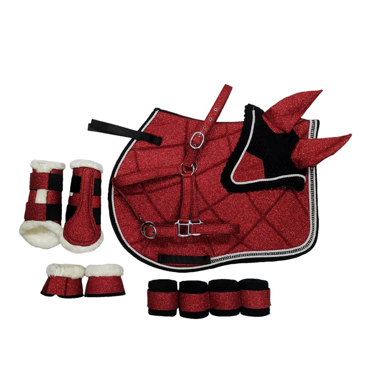 Striking Red Glitter Devil Horn Saddle Pad with Matching Tack Set