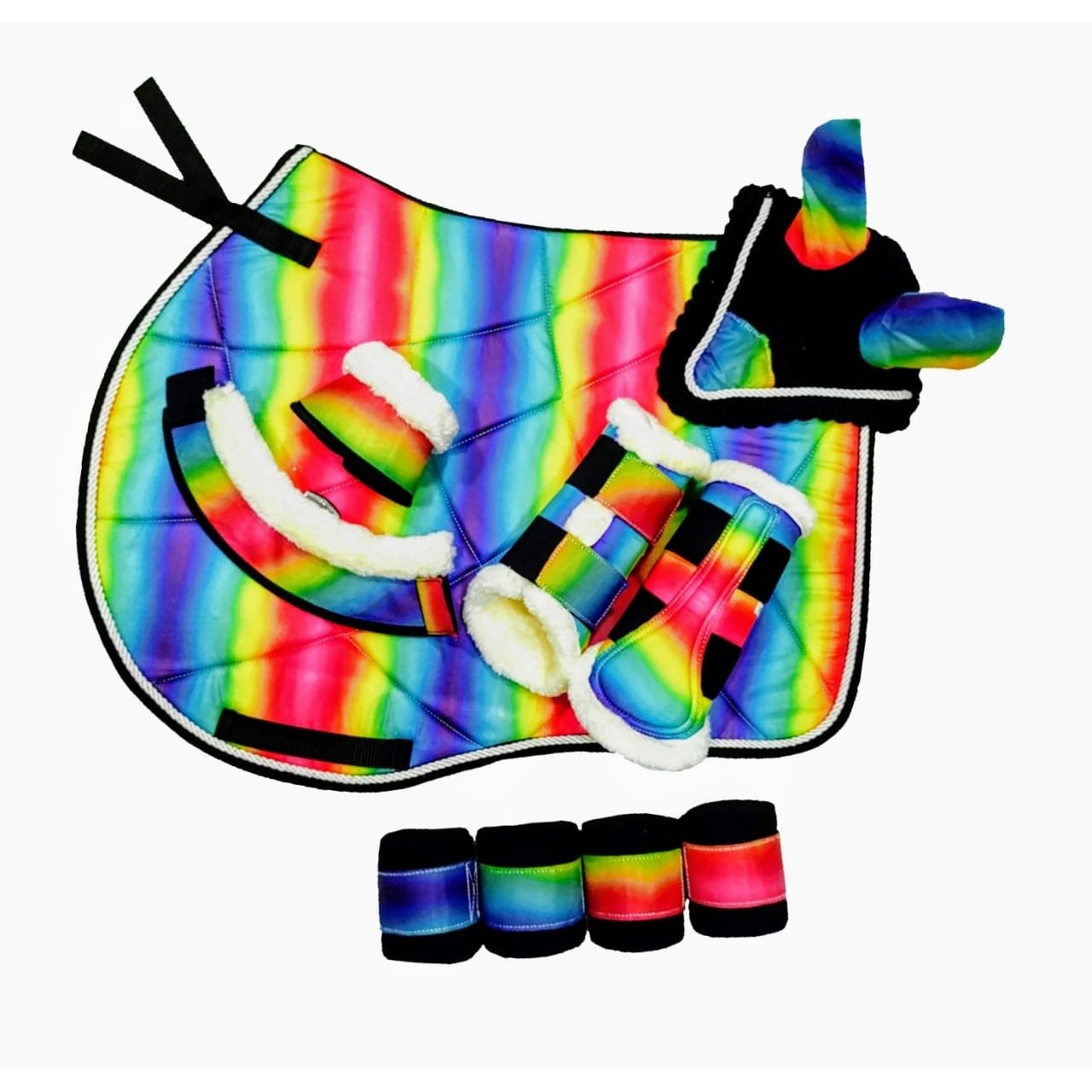Vibrant Rainbow Tie-Dye Quilted Saddle Pad with Matching Accessories