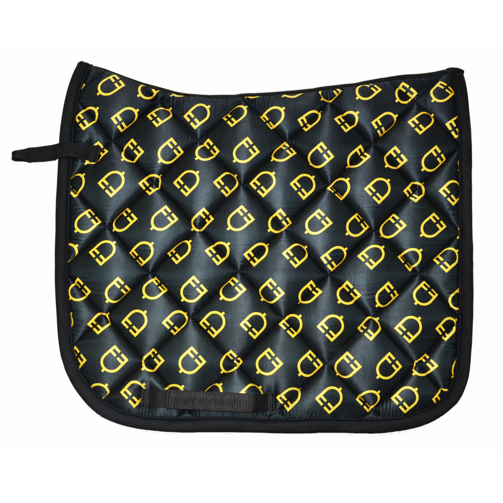 Black Quilted Saddle Pad with Bold Gold Logo Pattern